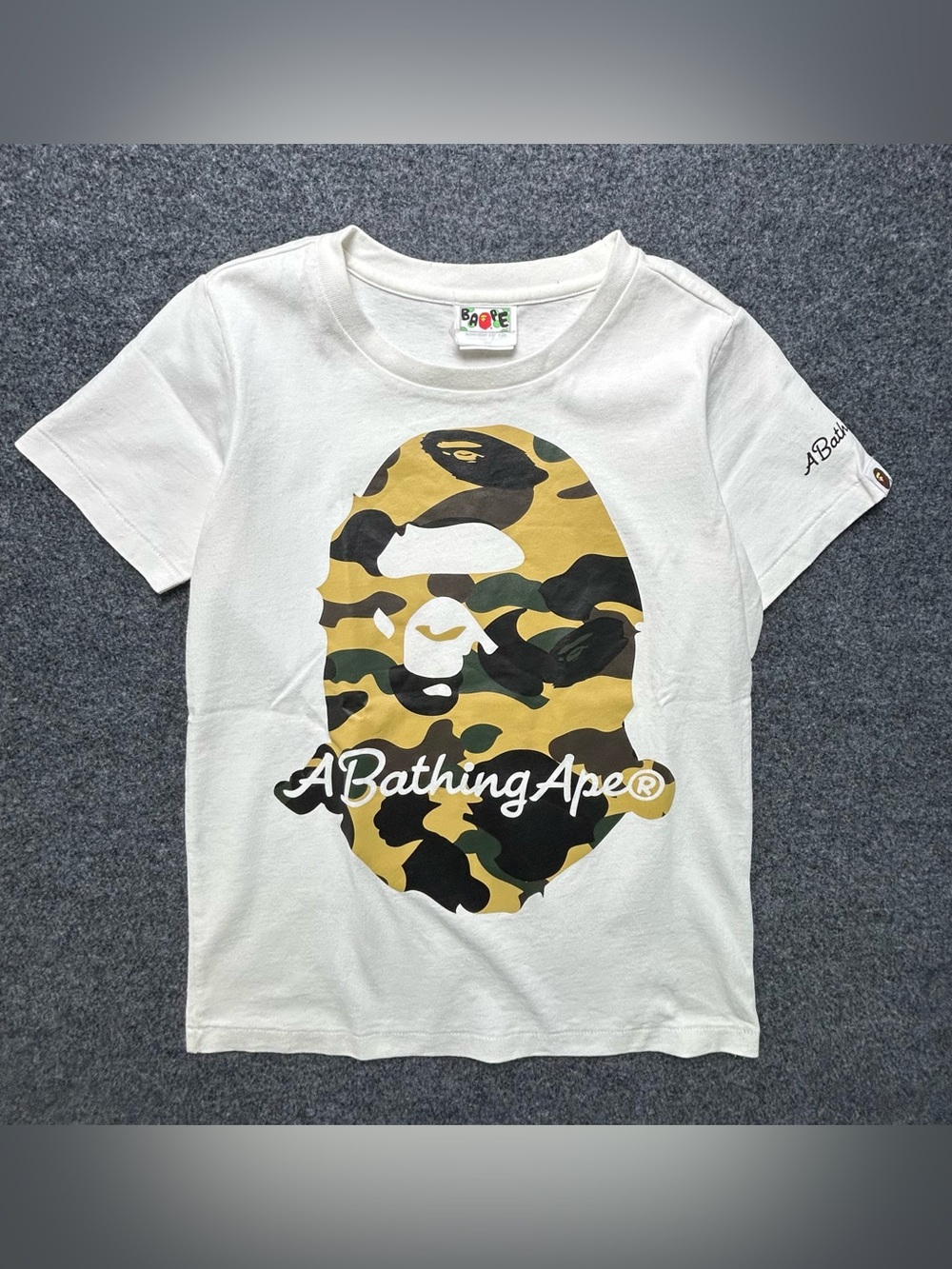 Bape White Tee with Green and Red Ape Head Label